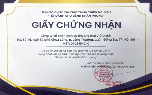 Giấy chứng nhận chương trình tết dành cho bệnh nhân phong