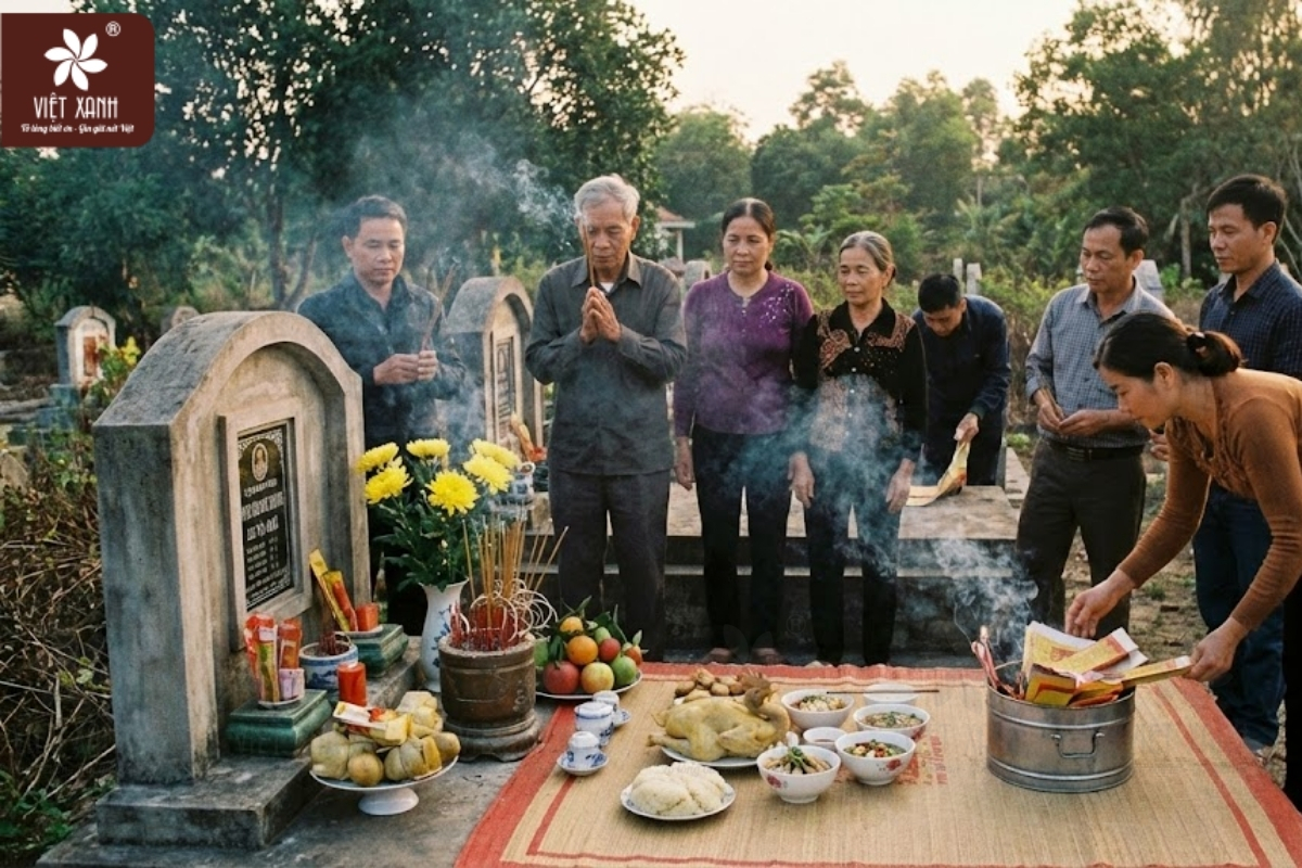 Mâm lễ dâng cúng Gia tiên tại phần mộ