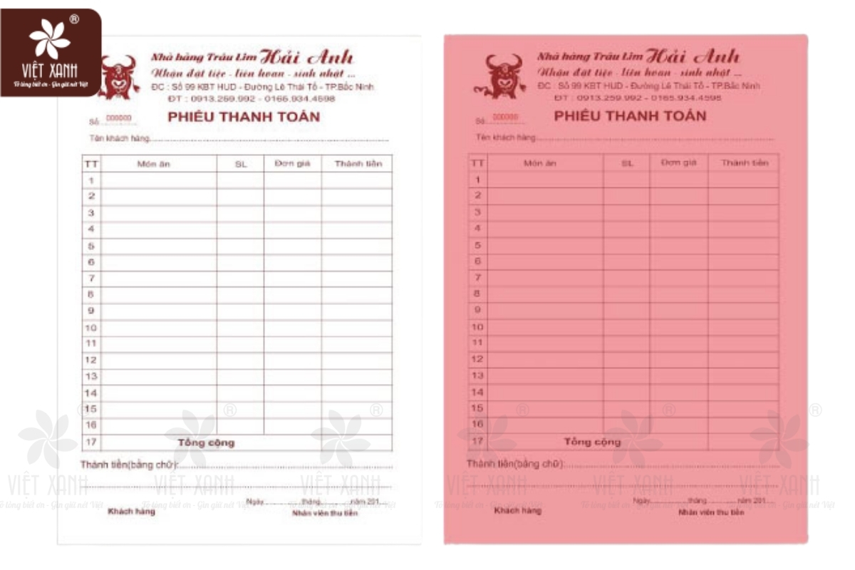 Tiêu chuẩn thiết kế mẫu hóa đơn thanh toán nhà hàng