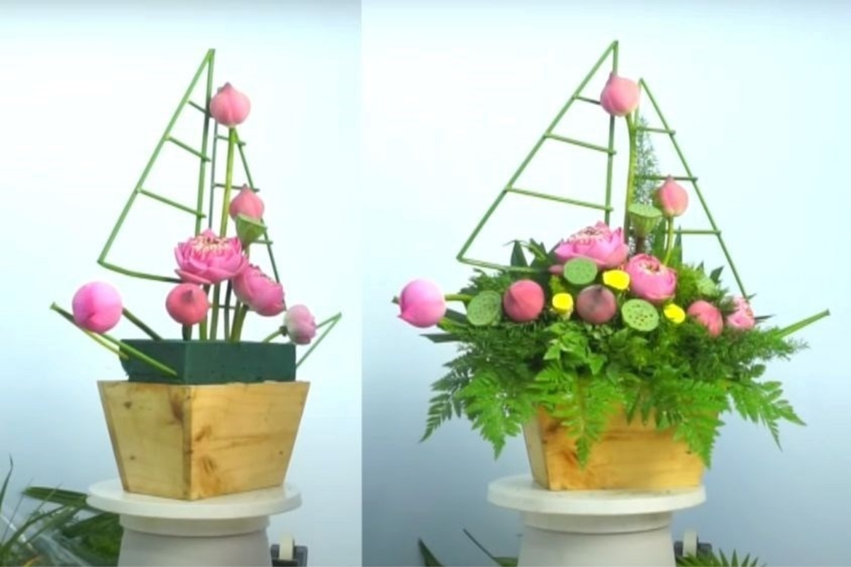 Cách cắm hoa sen 5 bông theo hình cánh buồm ra khơi