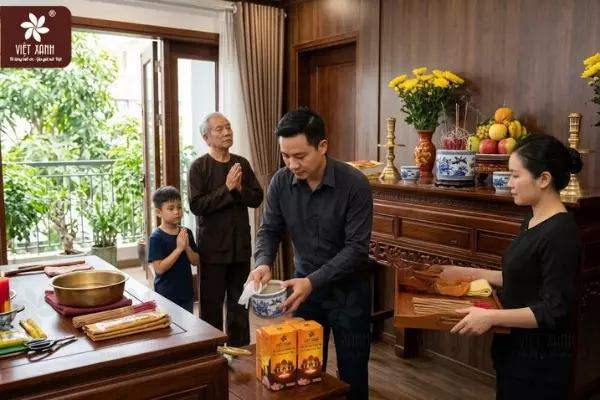 Quy trình bốc bát hương đúng cách và thanh tẩy bằng Khăn ướt bao sái ban thờ Việt Xanh